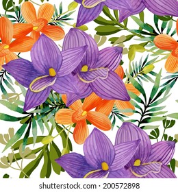 Watercolor floral seamless pattern with orchid flowers on white background