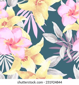 Watercolor floral seamless pattern with orchid flowers 