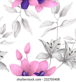Watercolor floral seamless pattern with orchid flowers on white background