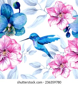 Watercolor floral seamless pattern with orchid flowers and hummingbird