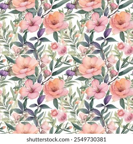 Watercolor Floral Seamless Pattern with Peach and Purple Flowers