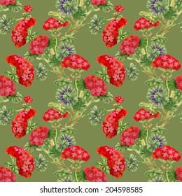 Watercolor floral seamless pattern with Pelargonium flowers on green background, vector