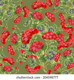 Watercolor floral seamless pattern with Pelargonium flowers on green background, vector