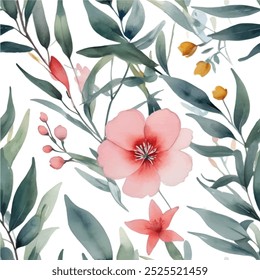 Watercolor Floral Seamless Pattern with Pink Flowers and Green Leaves