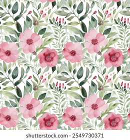 Watercolor Floral Seamless Pattern with Pink and Red Flowers