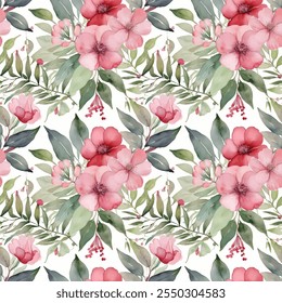 Watercolor Floral Seamless Pattern with Red and Pink Flowers