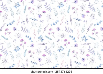 Watercolor floral seamless pattern with scattered wildflowers, leaves and plants. Summer illustration in vintage style on white background.