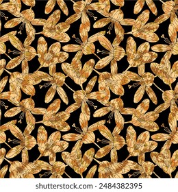 Watercolor floral seamless pattern in vintage style, colored garden illustration on ivory background, hand painting print with abstract wildflowers, plants and butterflies, design texture.