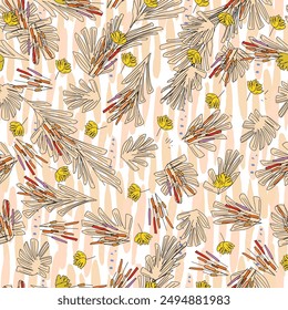Watercolor floral seamless pattern in vintage rustic style, colored garden illustration on ivory background, hand painting print with abstract flowers, leaves and plants, design texture.
