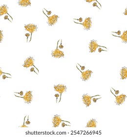 Watercolor floral seamless pattern in vintage rustic style, colored garden illustration on ivory background, hand painting print with abstract wildflowers, plants and butterflies, design texture.
