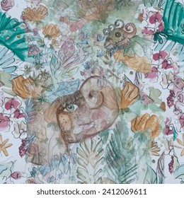 Watercolor floral seamless vector pattern design for textile, scarf, fabric and fashion. Seamless pattern with cute wild animals childish. Animals zoo with lion, zebra, crocodile, cat and giraffe.  