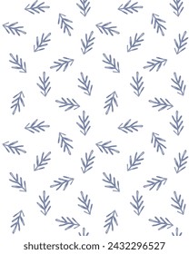 Watercolor Floral Seamless Vector Pattern. Infantile Drawing-like Abstract Garden. Blue Hand Painted Twigs with Leaves on a White Background.Infantile Style Floral Endless Print Ideal for Fabric. Rgb.