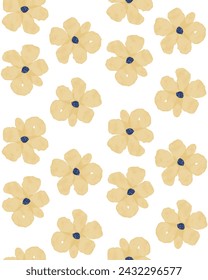 Watercolor Floral Seamless Vector Pattern. Infantile Drawing-like Abstract Garden. Yellow Hand Painted Flowers on a White Background. Cute Infantile Style Floral Endless Print Perfect for Fabric.