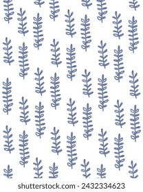 Watercolor Floral Seamless Vector Pattern. Infantile Drawing-like Abstract Garden. Blue Hand Painted Twigs with Leaves on a White Background.Infantile Style Floral Endless Print Ideal for Fabric.