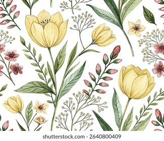   watercolor floral seamless-pattern оn a white background