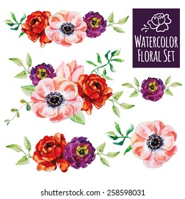 Watercolor floral set with arrangements of flowers on the white background. Red, pink, violet ranunculus flowers and leaves. 