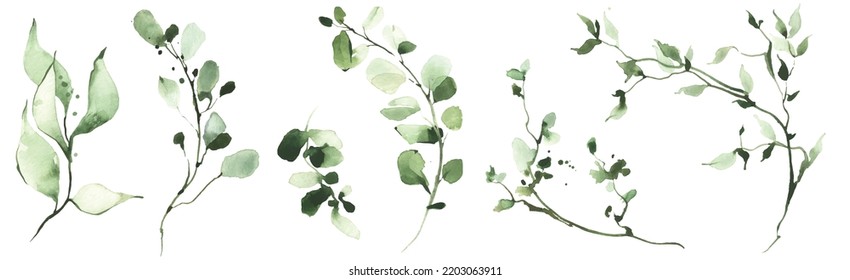 Watercolor floral set of green leaves, branches, twigs etc. Vector traced isolated greenery illustration. 