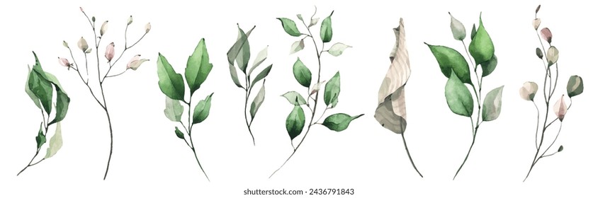 Aquarell Blumenset aus grünen Blättern, Grün, Zweigen, Zweigen usw. Vektor-Aquarell-Clipart-Zeichnung.