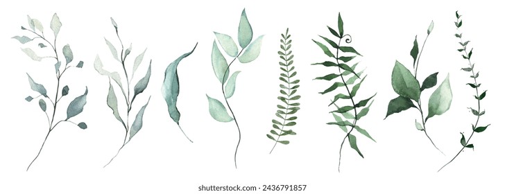 Watercolor floral set of green leaves, branches, twigs etc. Vector traced isolated greenery illustration on white background. 