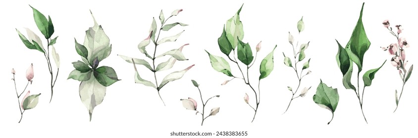 Aquarell Blumenset aus grünen und rosa Blättern, Grün, Zweige, Zweige usw. Vektor-Aquarell-Clipart-Zeichnung.