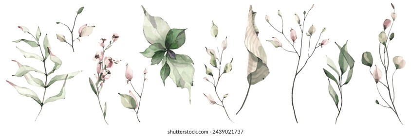 Watercolor floral set of green and pink leaves, greenery, branches, twigs etc. Vector Watercolour clipart drawing.