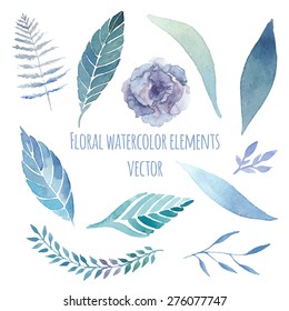 Watercolor floral set with herbs, lisianthus, fern elements set. Vintage blue leaves, flowers and branches. Vector hand drawn design illustration