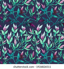 Watercolor floral set, indigo and crimson and white flowers with stems ad leaves. Hand drawn botanical design on dark background. Design for fabric, textile, wrapping paper, card, invitation.