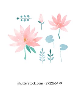 Watercolor floral set with pink lotus flowers, branches and leaves isolated on a white background. Vector elements for design of logo, banners, invitation, cards, labels.