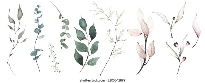 Watercolor floral set of turquoise and pink leaves, branches, twigs etc. Vector traced isolated greenery illustration. 