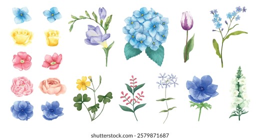 Watercolor floral set with various flowers: roses, hydrangeas, tulips, and more. Delicate and colorful floral illustrations for design projects. Watercolor element vector set.