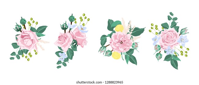 Watercolor Floral Set, Vector Roses. Wedding Card Design in Rustic Style. Vintage Floral Bouquet with Pink Roses, Green Leaves. Set of Elegant Summer Flowers for Greeting. Wreath of Floral Elements.