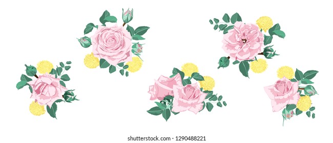 Watercolor Floral Set, Vector Roses. Wedding Card Design in Rustic Style. Vintage Floral Bouquet with Pink Roses, Green Leaves. Set of Elegant Summer Flowers for Greeting. Wreath of Floral Elements.