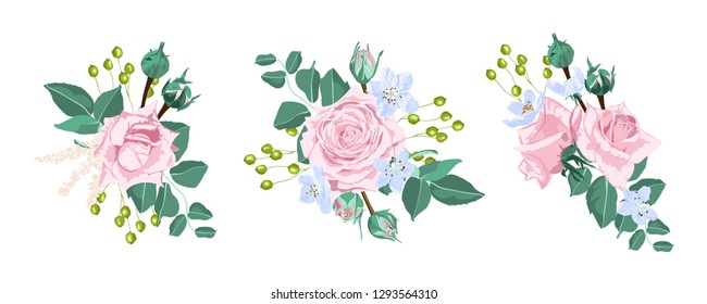 Watercolor Floral Set, Vector Roses. Wedding Card Design in Rustic Style. Vintage Floral Bouquet with Pink Roses, Green Leaves. Set of Elegant Summer Flowers for Greeting. Wreath of Floral Elements.
