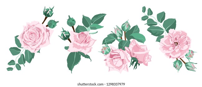 Watercolor Floral Set, Vector Roses. Wedding Card Design in Rustic Style. Vintage Floral Bouquet with Pink Roses, Green Leaves. Set of Elegant Summer Flowers for Greeting. Wreath of Floral Elements.