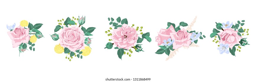 Watercolor Floral Set, Vector Roses. Wedding Card Design in Rustic Style. Vintage Floral Bouquet with Pink Roses, Green Leaves. Set of Elegant Summer Flowers for Greeting. Wreath of Floral Elements.