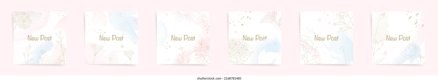 Watercolor Floral Square Backgrounds Set. Social Media Cute Banner Template With Abstract Splashes, Shapes With Simple Wild Filed Flowers. Modern Design For Promo Sale Posts, Cards, Poster Covers.