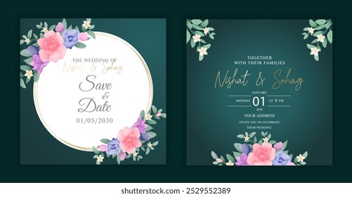 Watercolor Floral square Wedding Invitation card Set for Save the Date amp party invite