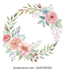 Watercolor floral summer wreath design with bright seasonal flowers and leafy elements. Great for seasonal backgrounds, invitations, and creative design projects