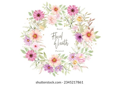 Watercolor floral summer wreath illustration
