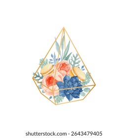 Watercolor floral terrarium with rose, eucalyptus, dusty miller, succulent and macaroons. Watercolor floral illustration