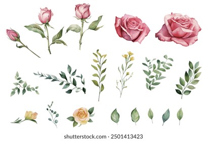 Aquarell, florale Vektorgrafik. Rosa Blumen und Blätter, Grashalme, grünes Laub. Rosa Rosen, gelbe Rosen, weiche Ränder, Girlanden, Rahmen. Hochzeitsdekoration, Mode, Hintergrund