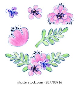 Watercolor floral vector.  Isolated set of hand drawn leaves and flowers. Floral  design for invitation, wedding or greeting cards. You can create your own compositions using elements.