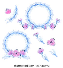 Watercolor floral vector.  Isolated set of hand drawn leaves and flowers. Floral  design for invitation, wedding or greeting cards. You can create your own compositions using elements.