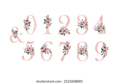 Números florales del Vector de la acuarela para las invitaciones de boda, tarjeta de felicitación, cumpleaños, logotipo, cartel y otros.