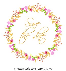 Watercolor floral vector wreath. Hand drawn illustration with place for your text. Isolated. Wedding wreath. Save the date. 