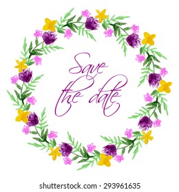 Watercolor floral vector wreath. Hand drawn illustration with place for your text. Isolated. Wedding wreath.
