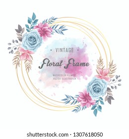 Watercolor floral vintage engagement, wedding invitation card flower concept, gold and flower frame, floral background decorative design, elegant floral frame border