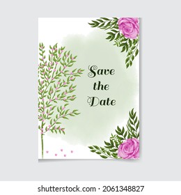 Watercolor Floral Wedding invitation card with beautiful flower and leaves	
