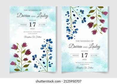 Watercolor floral wedding invitation card template set. Editable vector template background design. flowers, leaves, isolated on white, Sketched wreath, greenery color, nature art, Watercolor style.