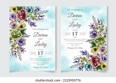 Watercolor floral wedding invitation card template set. Editable vector template background design. flowers, leaves, isolated on white, Sketched wreath, greenery color, nature art, Watercolor style.